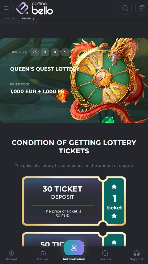 casinobello mobile lottery page